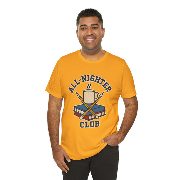 Orange crewneck T-shirt front print with All-Nighter Club coffee graphic