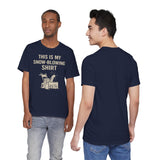 Navy T-shirt: back view plain, with front model showing snow-blowing “THIS IS MY SNOW-BLOWING SHIRT”