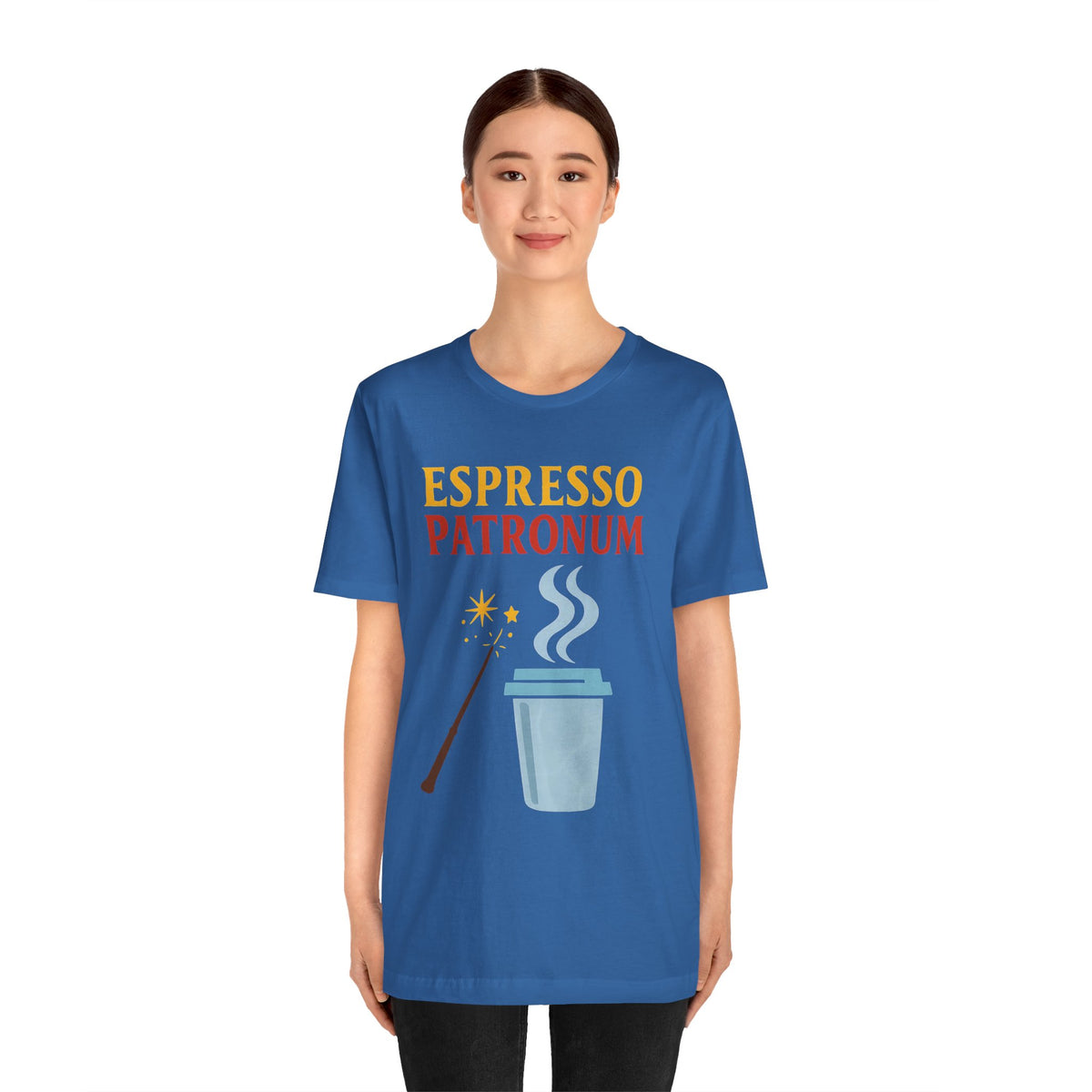 Blue crew-neck T-shirt with “ESPRESSO PATRONUM” text and espresso cup graphic.