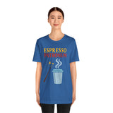 Blue crew-neck T-shirt with “ESPRESSO PATRONUM” text and espresso cup graphic.