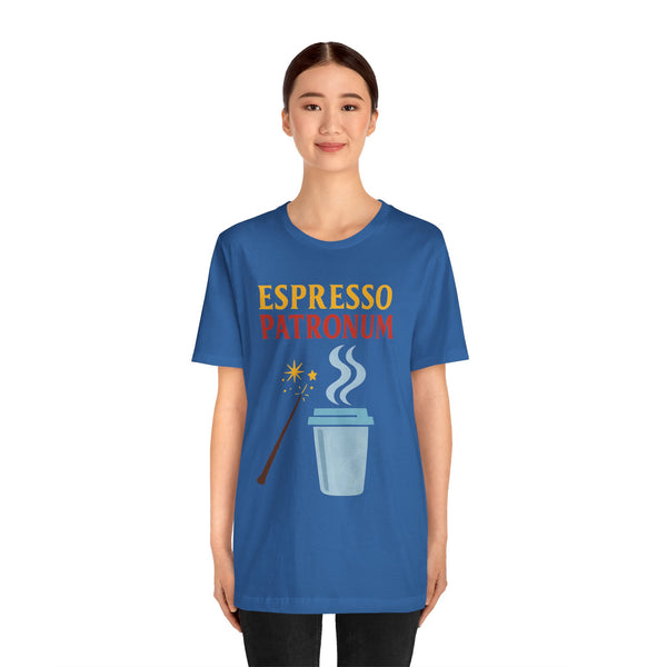 Blue crew-neck T-shirt with “ESPRESSO PATRONUM” text and espresso cup graphic.