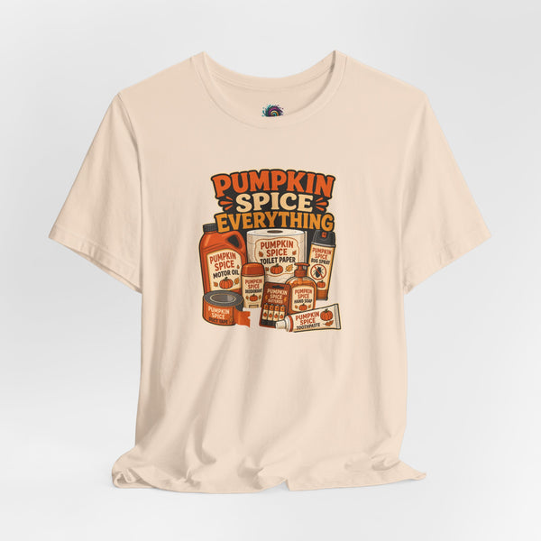 Beige crew-neck T-shirt with orange Pumpkin Spice Everything graphic