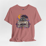 Dusty rose crewneck t-shirt with goth cat “Gloomy is a Lifestyle Choice” chest graphic
