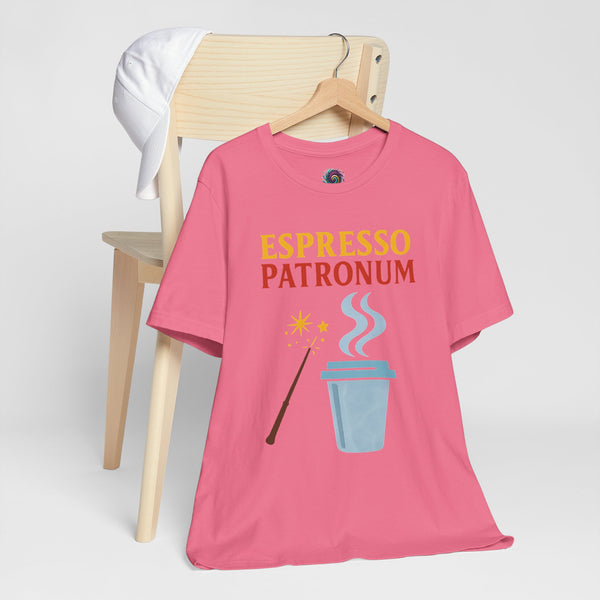 Pink crew-neck T-shirt with espresso print, wand and steaming coffee cup graphic