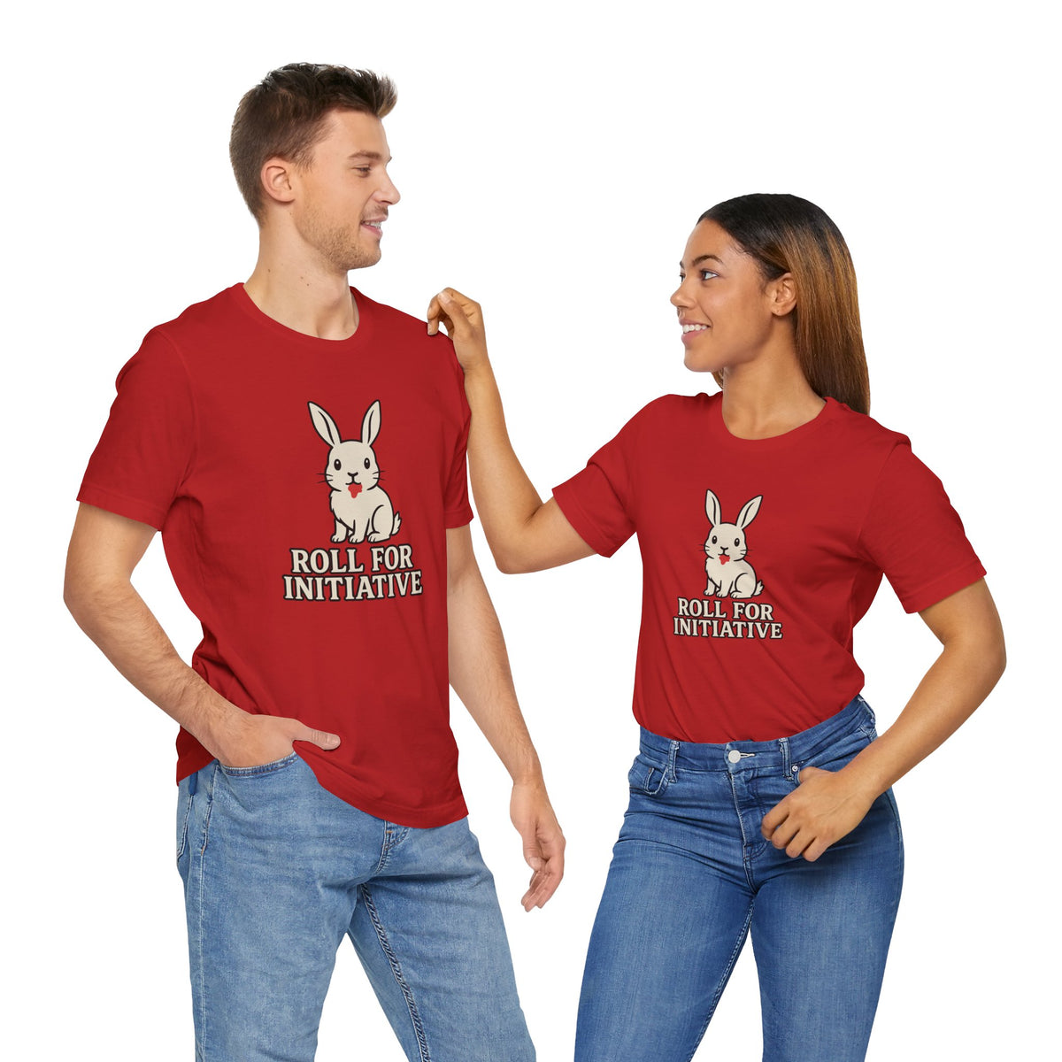 Pair of red t-shirts with bunny graphic and “Roll for Initiative” print