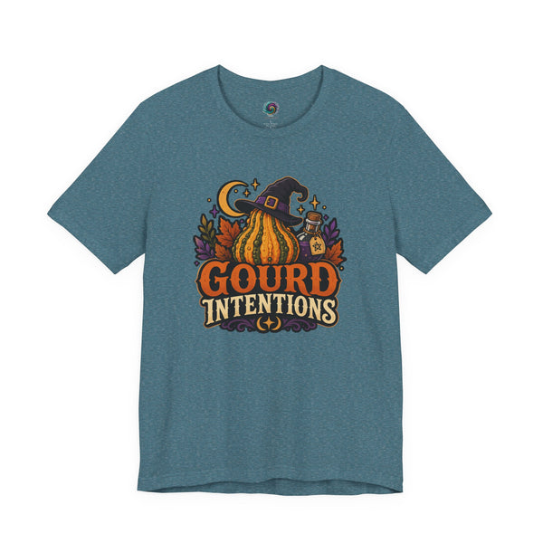 Heather teal witch and pumpkin graphic T-shirt with “Gourd Intentions” text on front