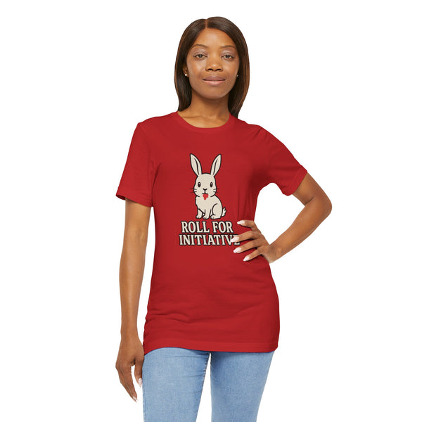 Red crew-neck t-shirt with bunny graphic and “Roll for Initiative” slogan