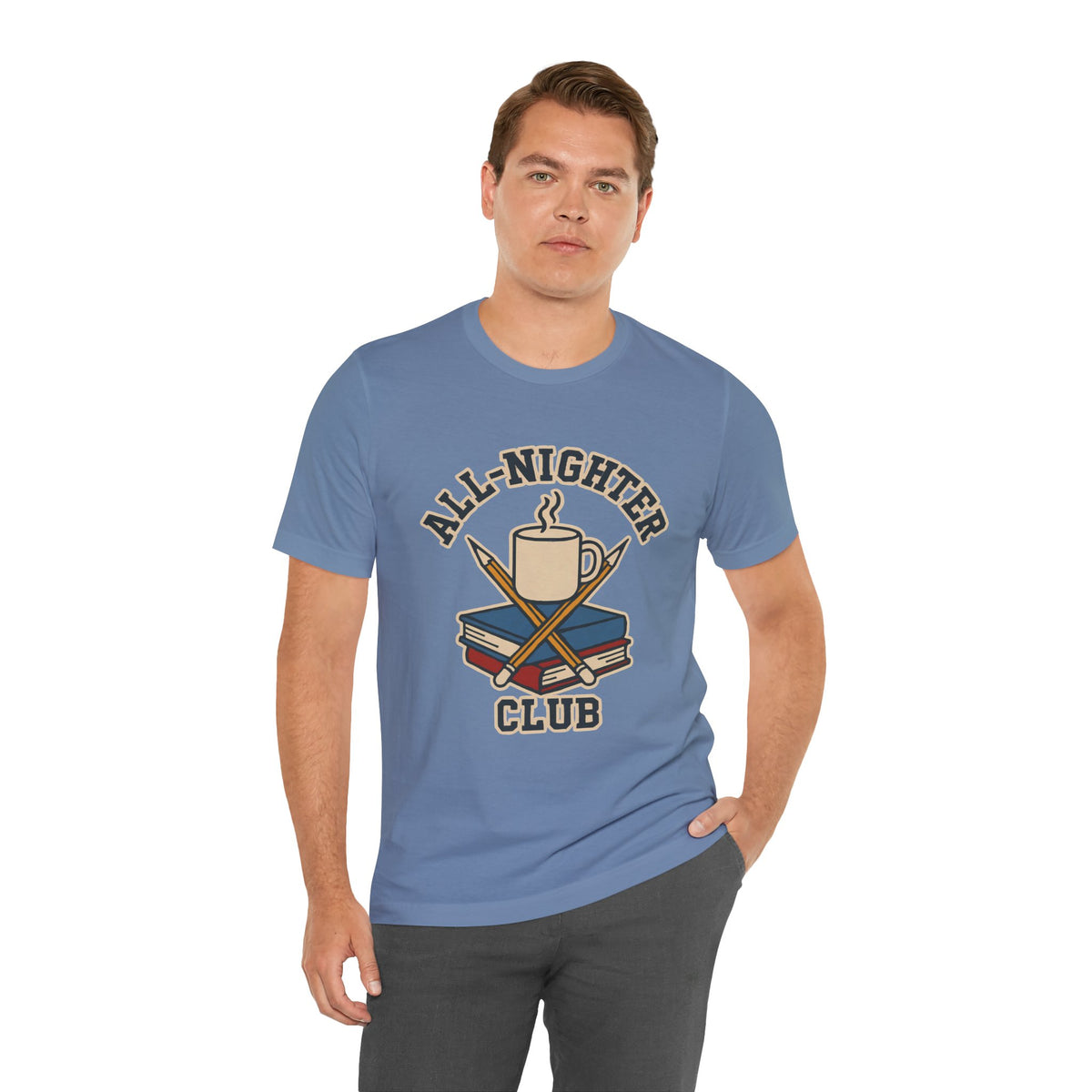 Blue crew-neck T-shirt with “All-Nighter Club” coffee-and-books graphic
