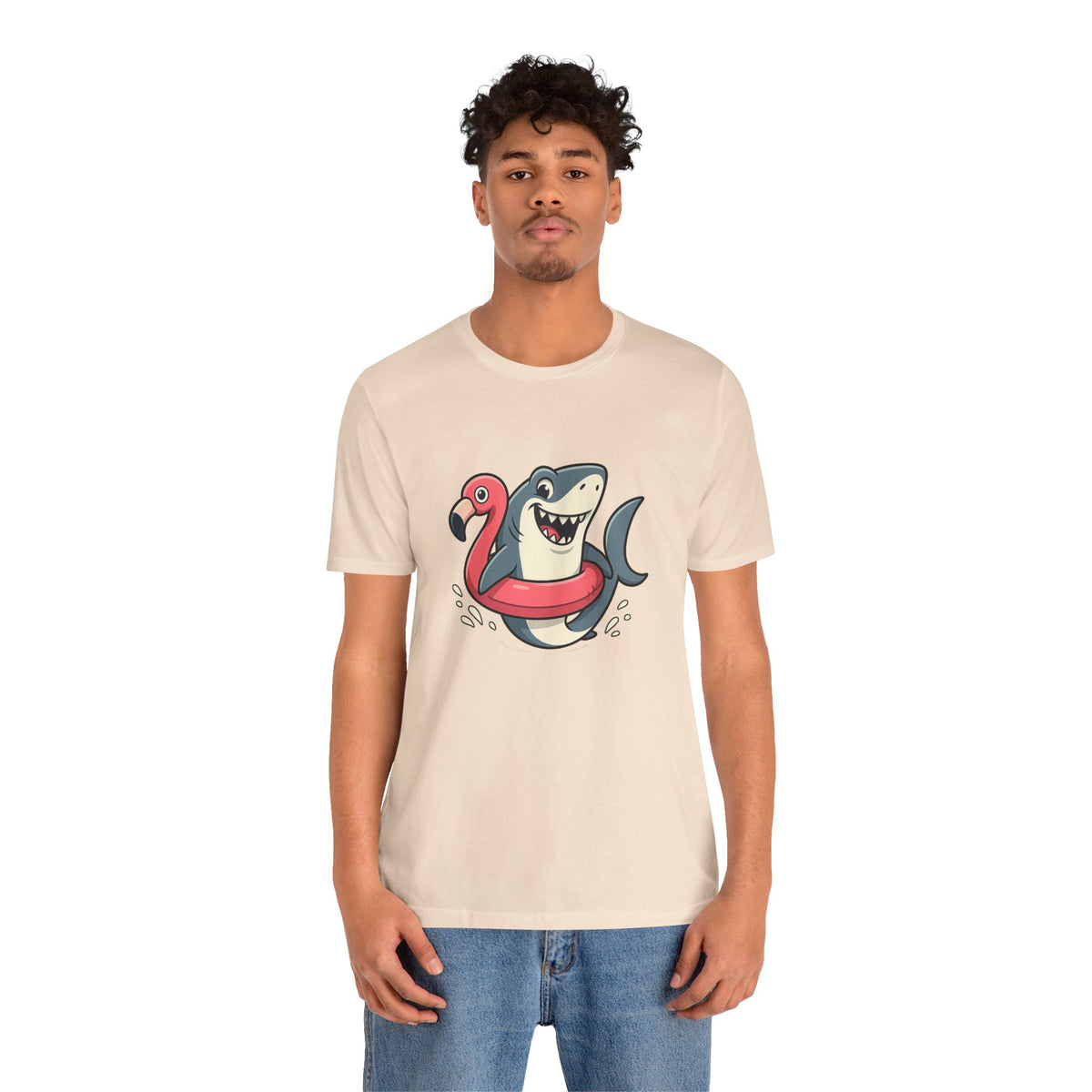 Cream crew-neck t-shirt with shark and flamingo graphic, worn by man