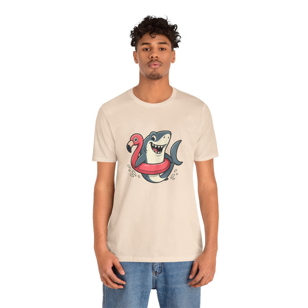 Cream crew-neck t-shirt with shark and flamingo graphic, worn by man