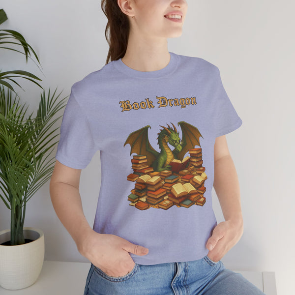 Lavender crew-neck T-shirt featuring Book Dragon lettering and dragon on book pile