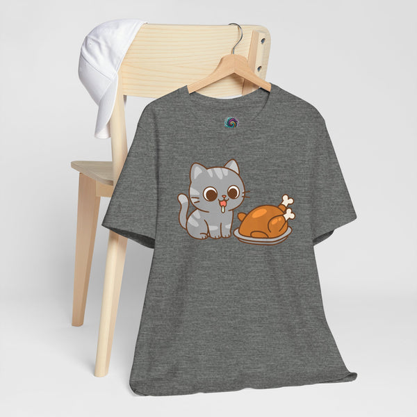 Charcoal heather T-shirt on hanger with cat and turkey graphic