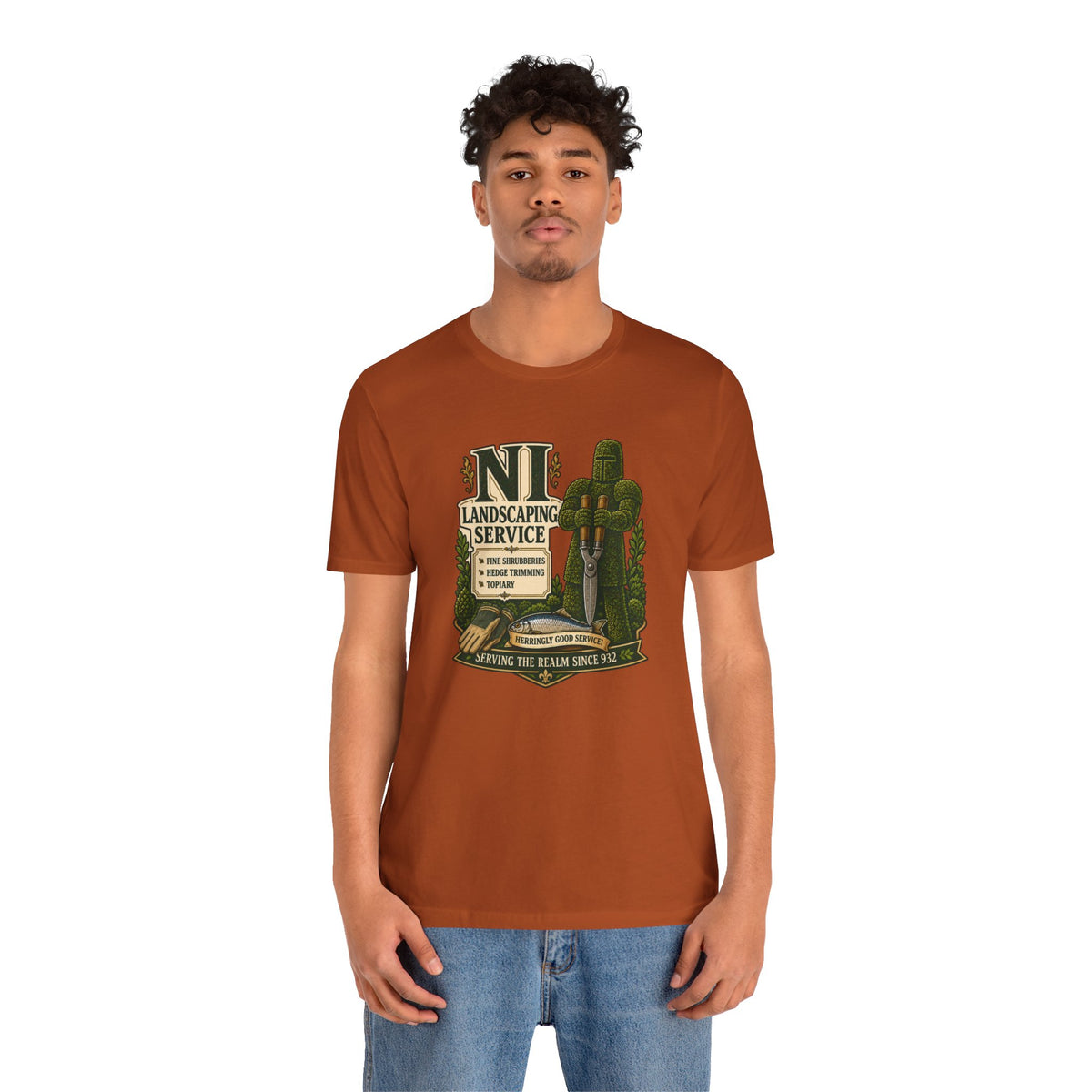 Rust orange crew-neck T-shirt featuring a “Landscaping Service” chest graphic