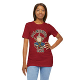 Red T-shirt with centered 'All-Nighter Club' coffee-and-books logo, crew neck.