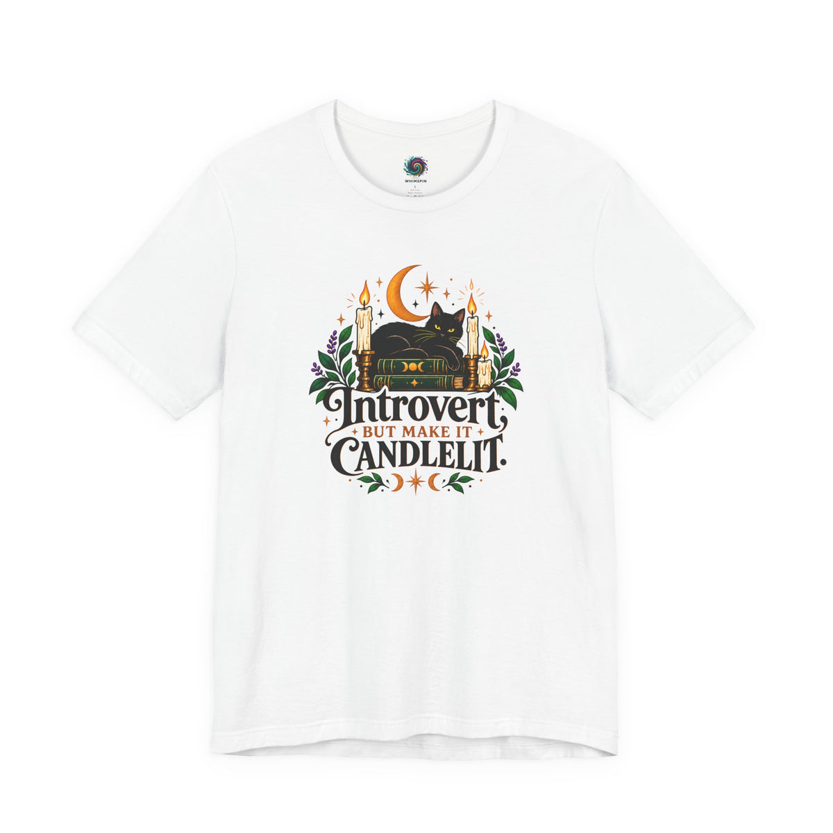 Introvert But Make It Candlelit T-shirt - Witchy Bookish Cat Tee