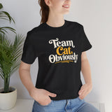 Black crewneck t-shirt with 'Team Cat, Obviously' cat slogan graphic
