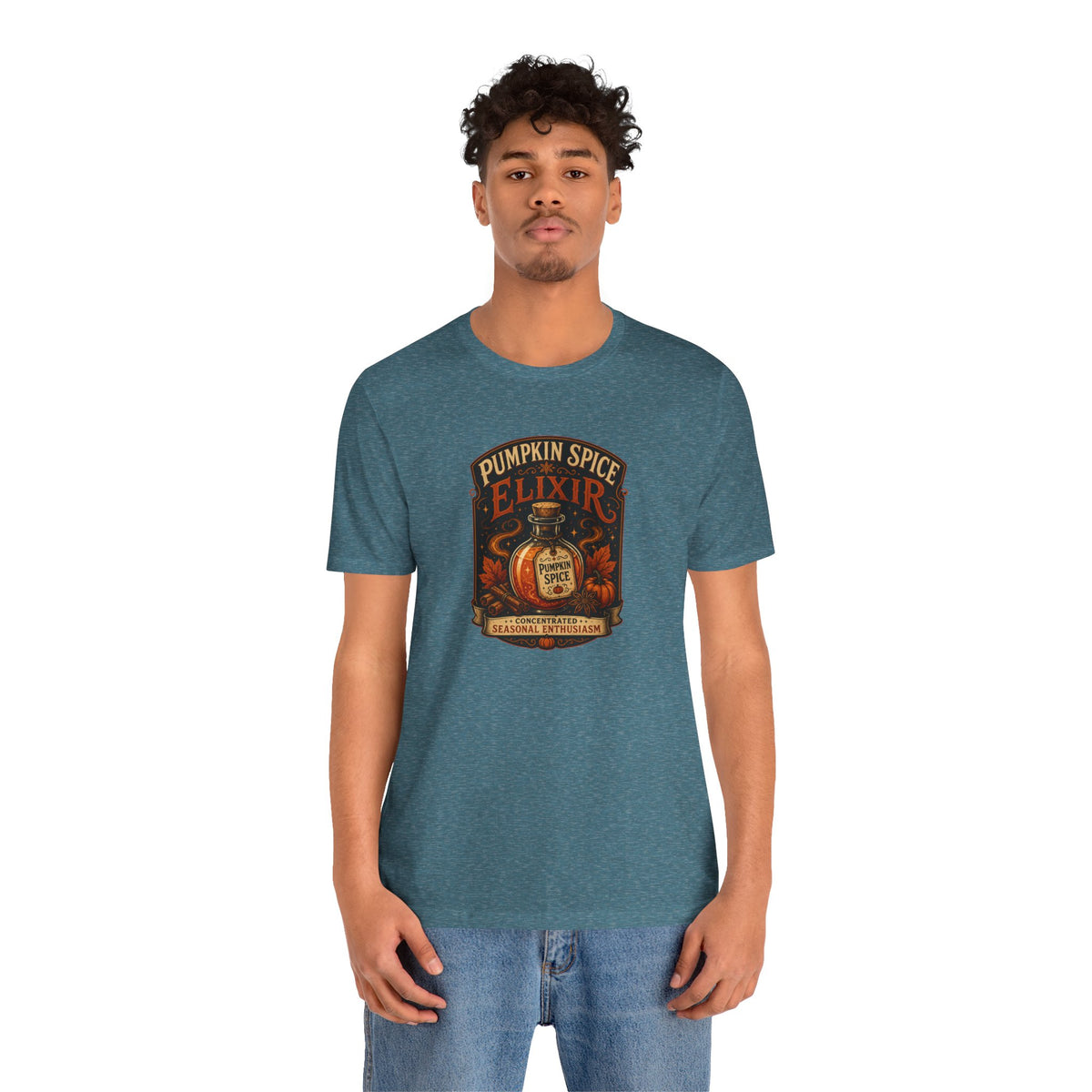 Heather deep teal crew-neck T-shirt with Pumpkin Spice Elixir graphic, model standing