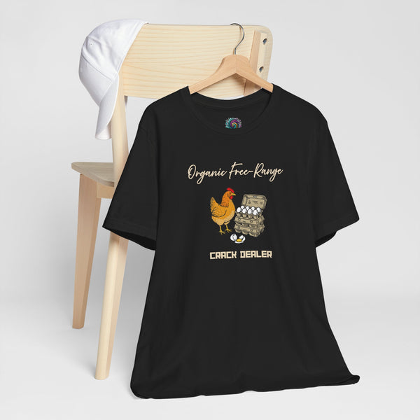 Black graphic T-shirt on wooden hanger with chicken and 'Organic Free-Range' text