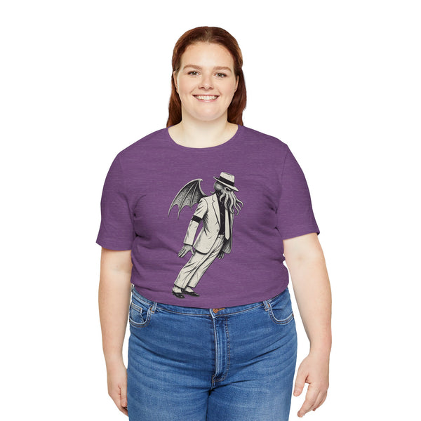 Purple heather crewneck graphic t-shirt with tall monster figure front print