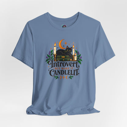 Introvert But Make It Candlelit T-shirt - Witchy Bookish Cat Tee
