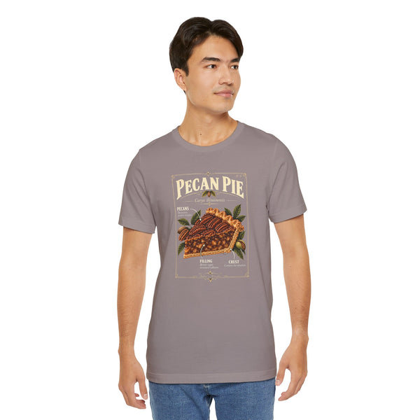 Heather gray short-sleeve crewneck T-shirt with centered pecan pie graphic print