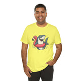 Lime yellow crewneck T-shirt with shark and flamingo float graphic, smiling model