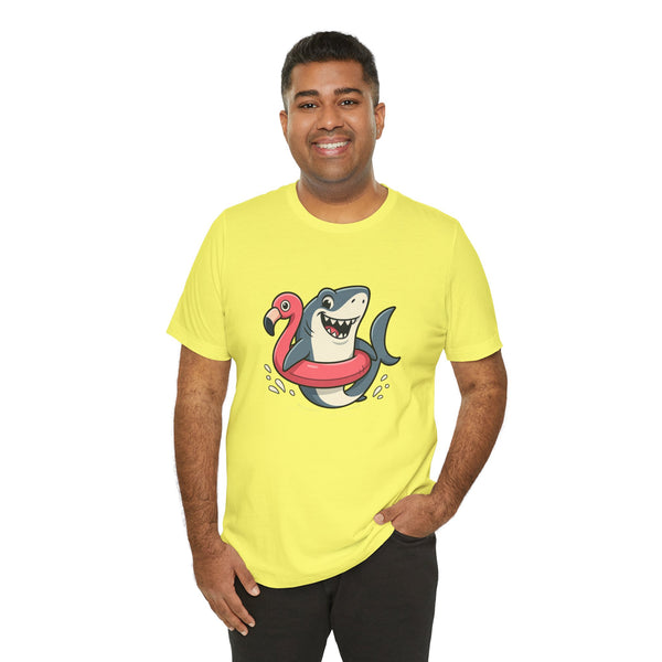 Lime yellow crewneck T-shirt with shark and flamingo float graphic, smiling model