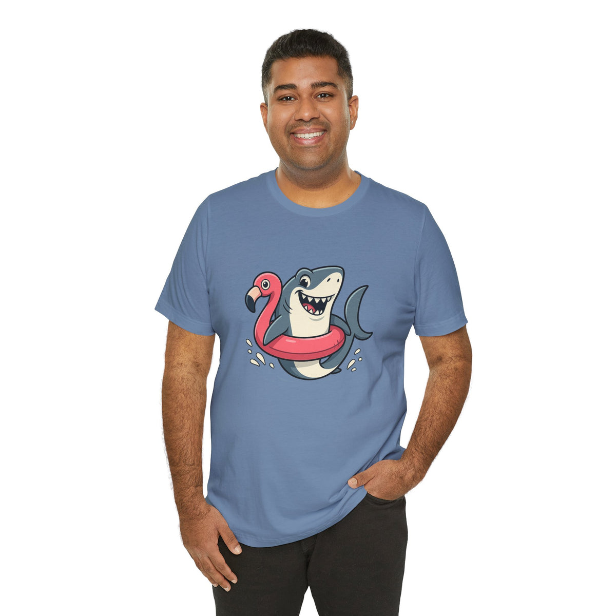 Blue crew-neck T-shirt with shark and flamingo graphic; short sleeve tee