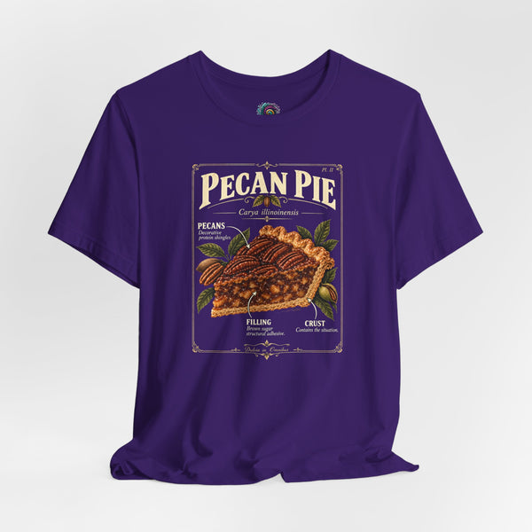 Purple pecan pie graphic T-shirt, flat lay, square poster-style chest print