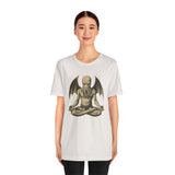 White unisex T-shirt worn by model, meditating sea monster graphic