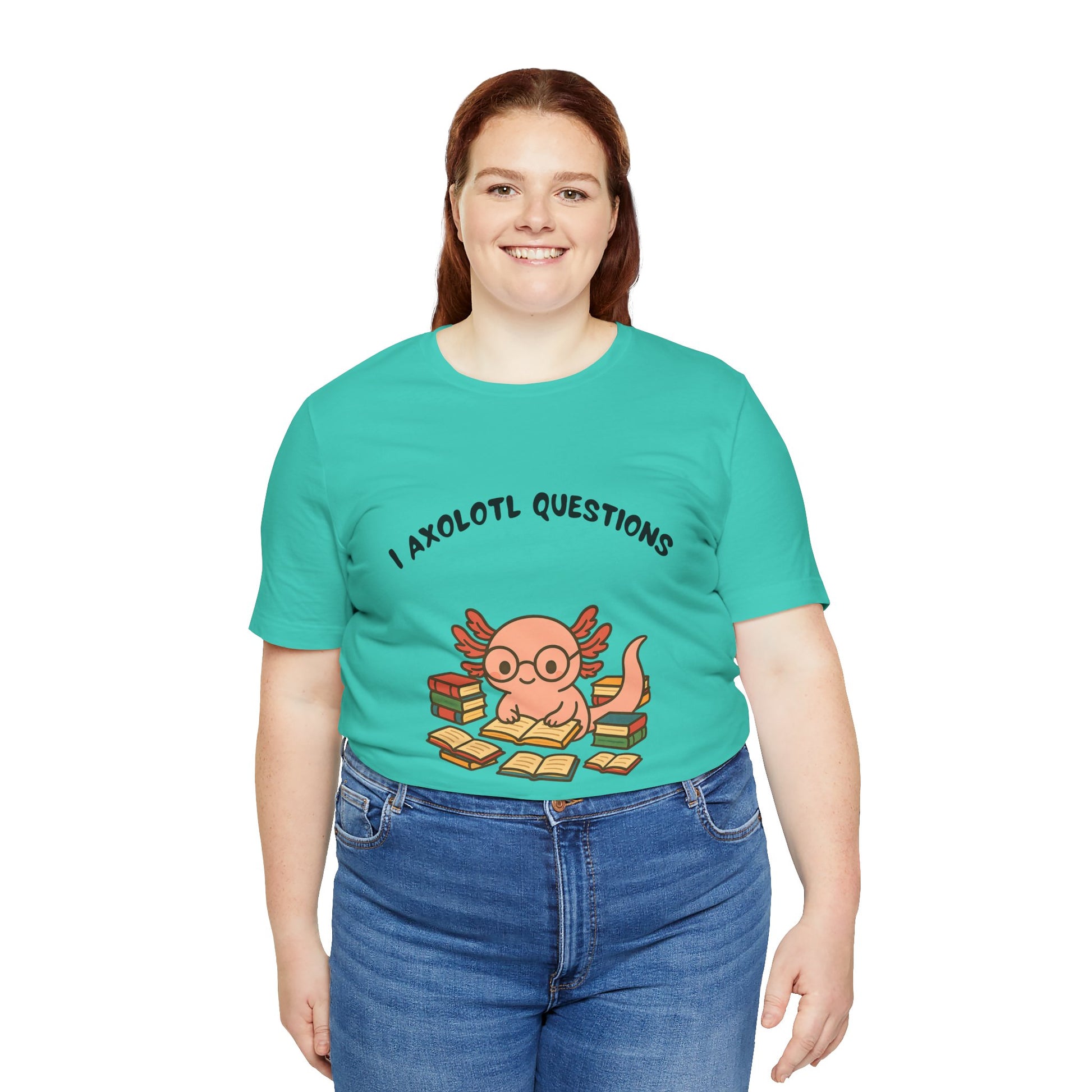 Person wearing a teal t-shirt with a cute studious axolotl graphic and text on a white background