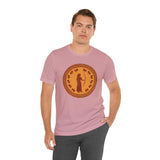 Dusty pink short-sleeve T-shirt with centered gold circular Greek-style graphic