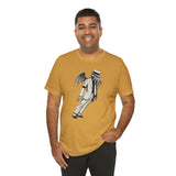 Mustard crew-neck t-shirt with gray monster graphic print centered on the chest