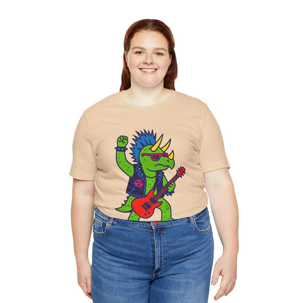 Adult tan graphic t-shirt with punk triceratops holding red electric guitar