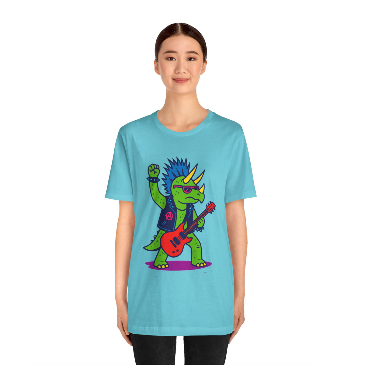 Turquoise crew-neck graphic t-shirt with punk triceratops red electric guitar illustration