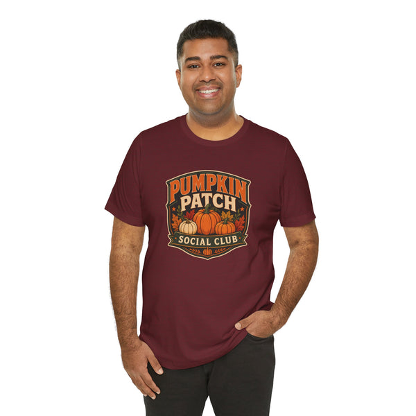 Maroon crew-neck T-shirt with Pumpkin Patch Social Club pumpkin logo chest print
