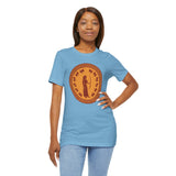 Light blue crewneck T-shirt with round orange Greek myth figure graphic on front