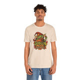 Soft cream crew-neck t-shirt with short sleeves, front goblin illustration and text design.