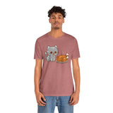 Rose pink cat and turkey graphic t-shirt with cute hungry cat illustration, crew neck