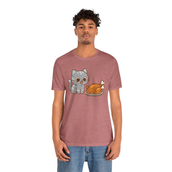 Rose pink cat and turkey graphic t-shirt with cute hungry cat illustration, crew neck