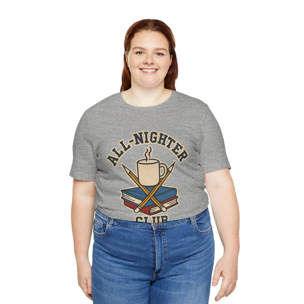 Heather gray crewneck T-shirt with All-Nighter Club coffee graphic, front view