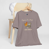 Funny egg dealer chicken T-shirt on hanger, heather mauve with chicken and eggs print