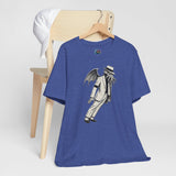 Blue crewneck t-shirt on a hanger with front graphic of a winged monster in a hat