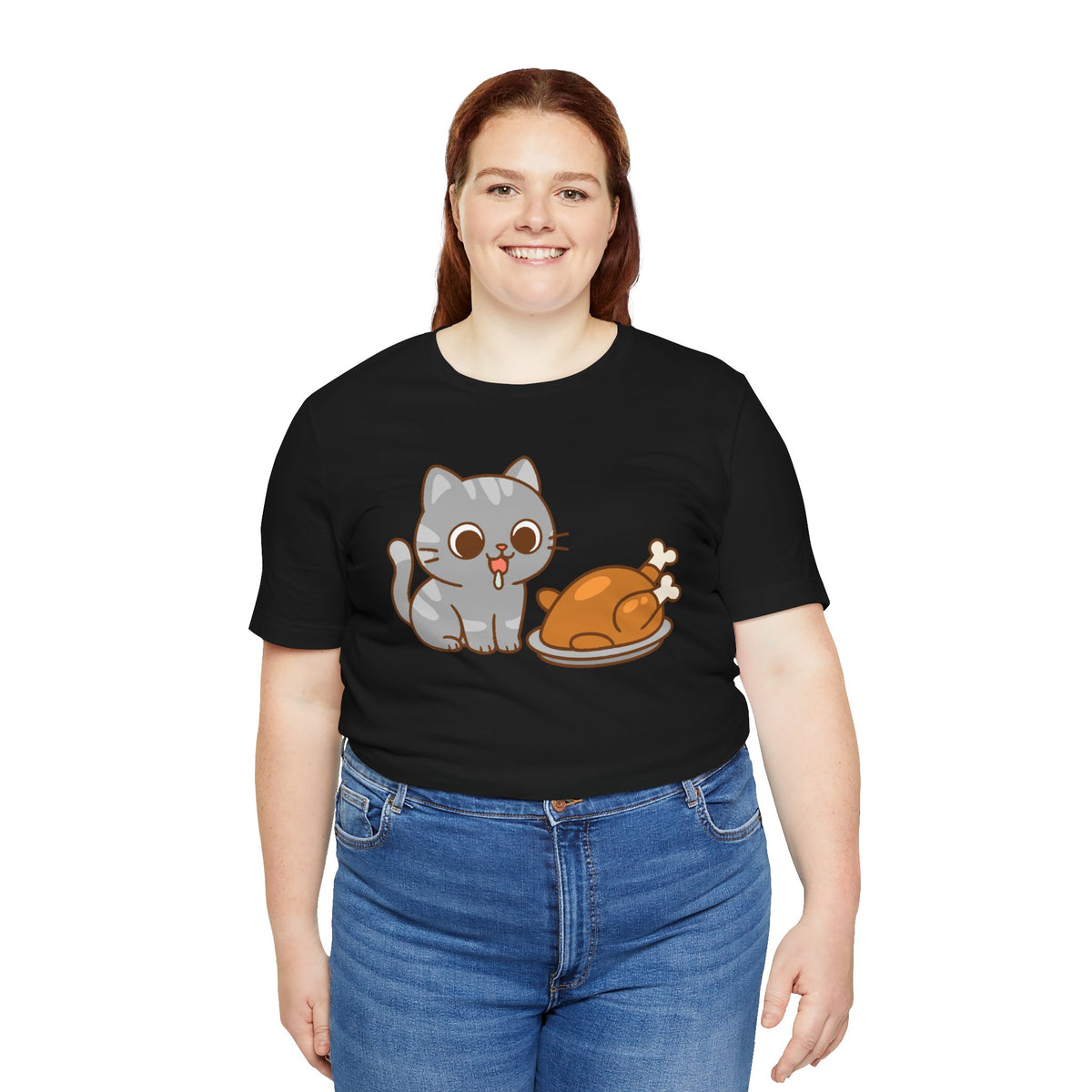 Black crew-neck t-shirt with cat and turkey graphic, worn by model front view