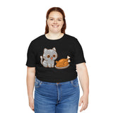 Black crew-neck t-shirt with cat and turkey graphic, worn by model front view