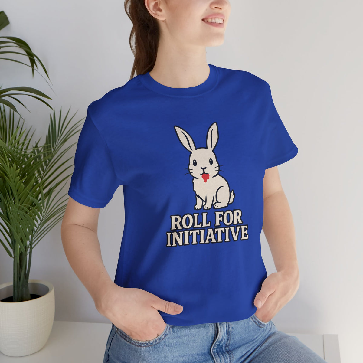 Blue crewneck T-shirt with bunny and “Roll for Initiative” front graphic, worn