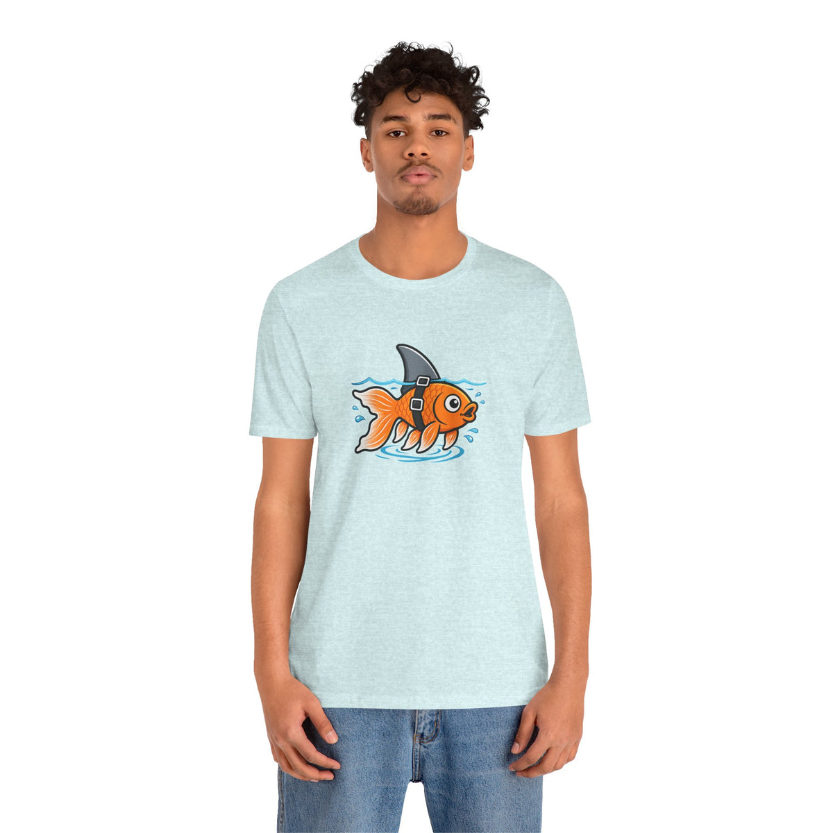 Light blue T-shirt with orange fish graphic and gray scuba helmet