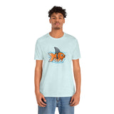 Light blue T-shirt with orange fish graphic and gray scuba helmet