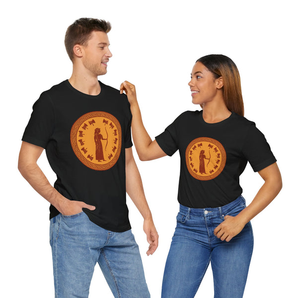 Black crew-neck t-shirt with orange circular Greek myth figure graphic, two models