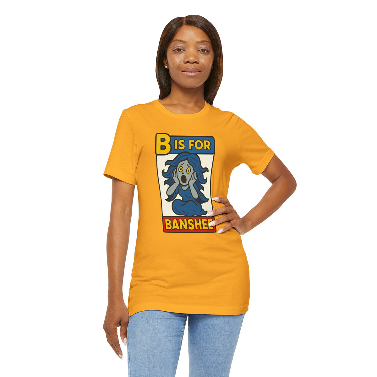 Orange short-sleeve T-shirt featuring “B is for Banshee” box logo graphic